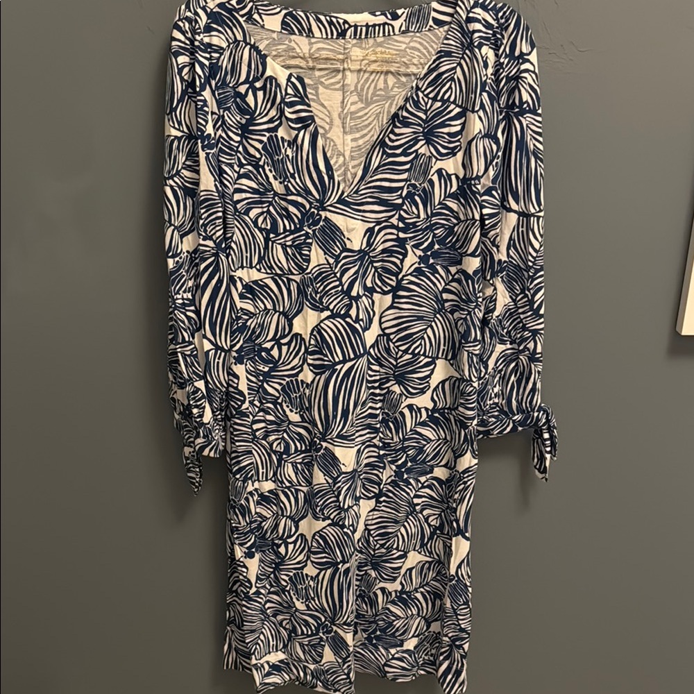 Lilly Pulitzer Aegean Navy Beach Path Dress Easy Fit 3/4 Sleeve Size Small